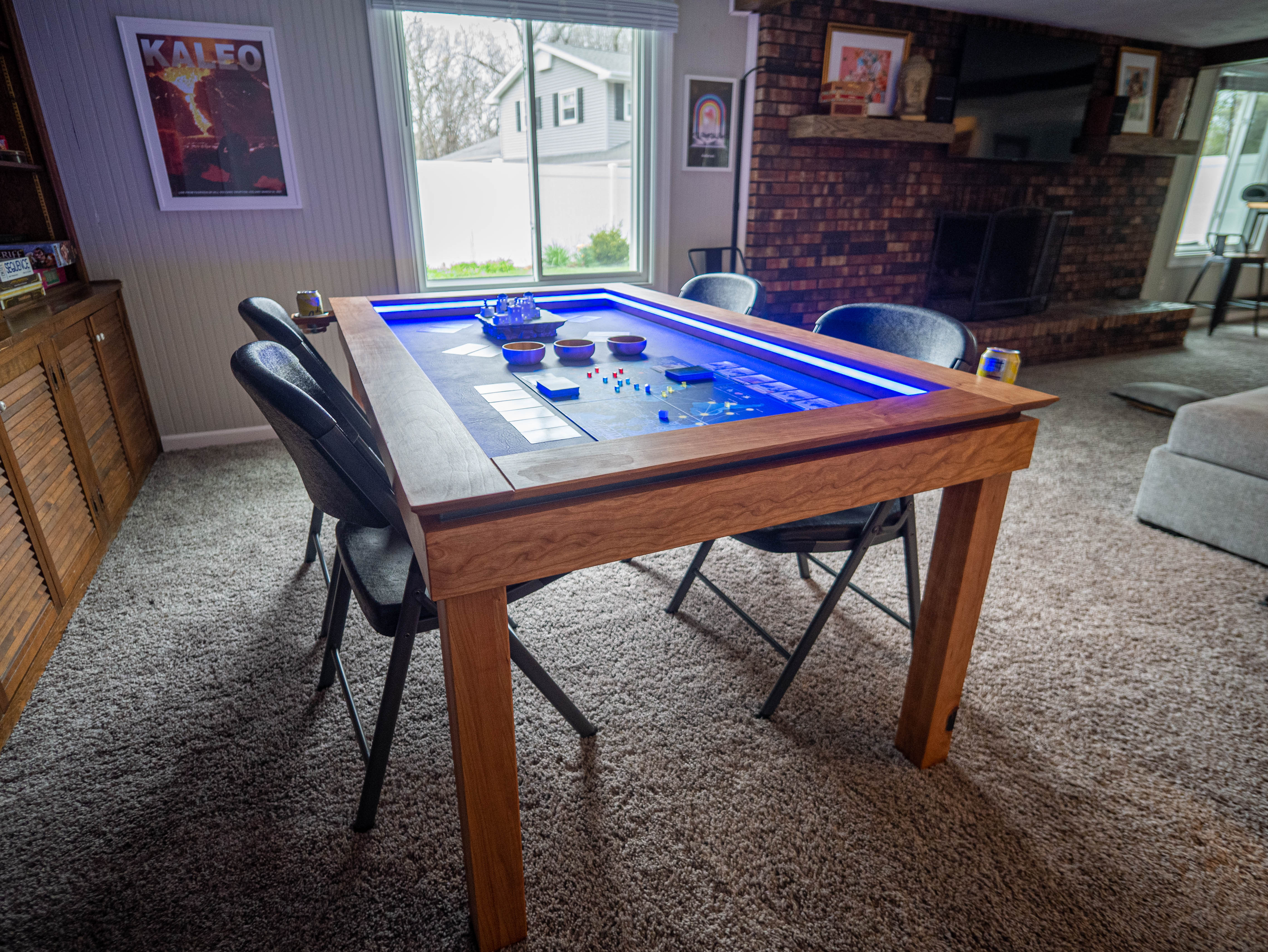 Handcrafted gaming table with blue lighting