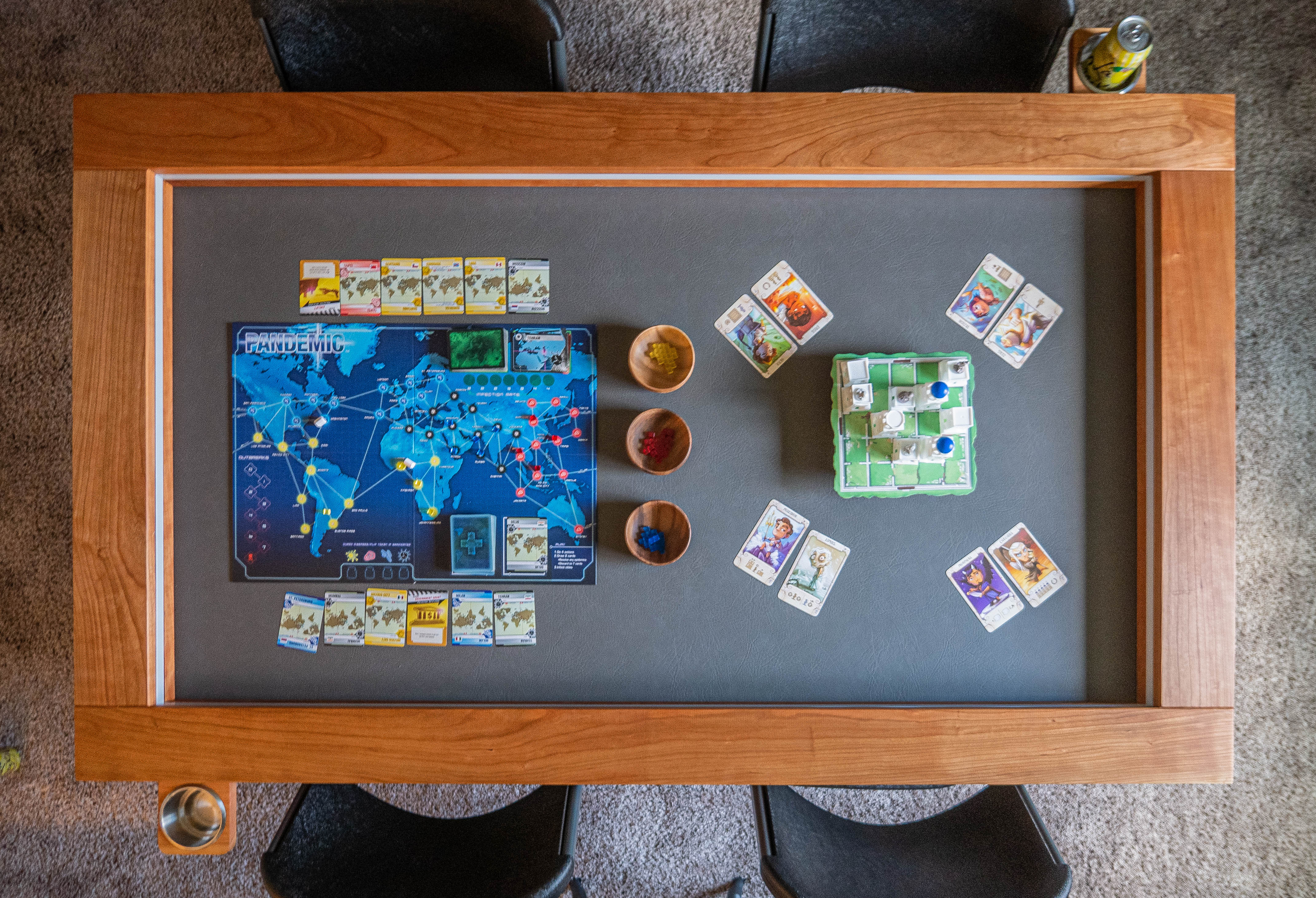 Top-down view of the recessed gaming table and board game